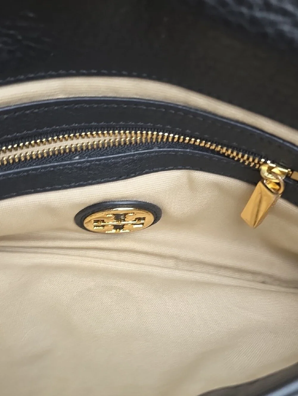 Tory Burch Black Pebbled Leather Crossbody with Gold Logo and Chain Strap